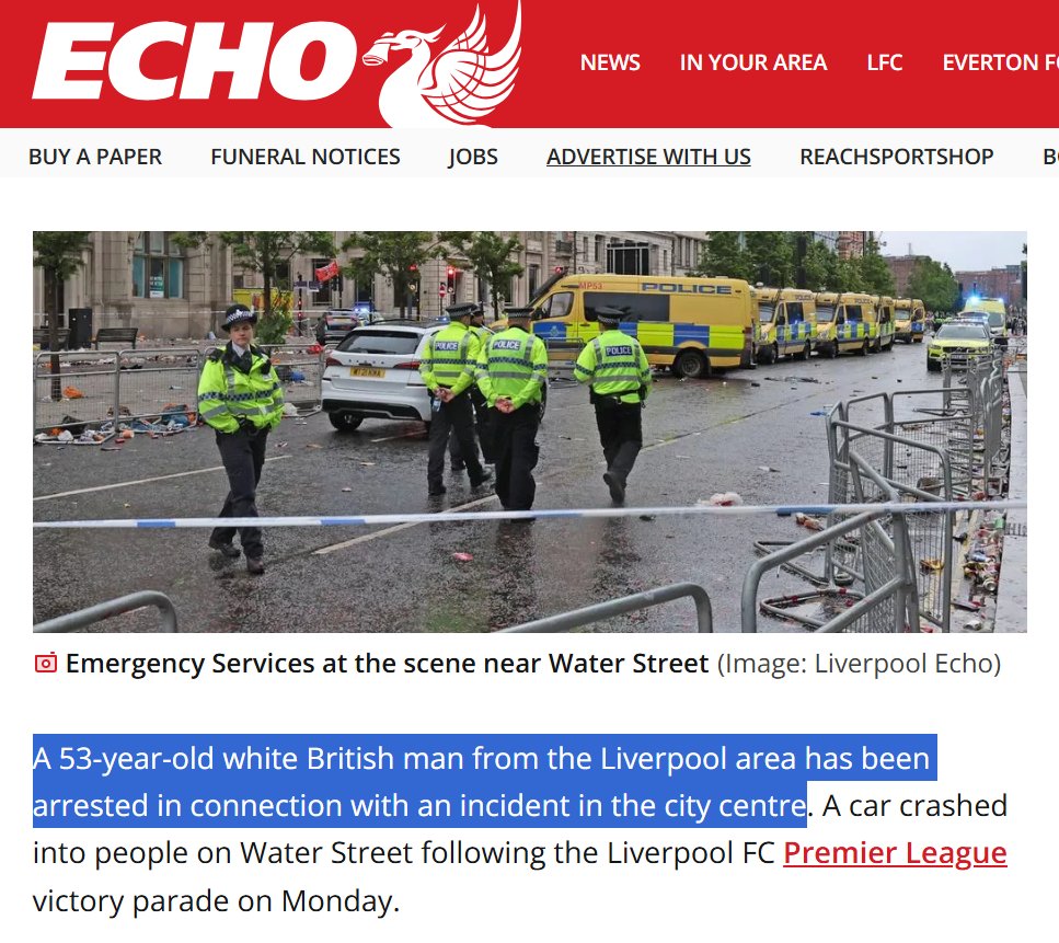 Latest on awful events at the end of the Premier League parade, per Liverpool Echo: "53 year-old white British man arrested." 

To every racist opportunist looking to jump on this while innocent fans have been wounded, maybe have the decency to cool your bloody jets.