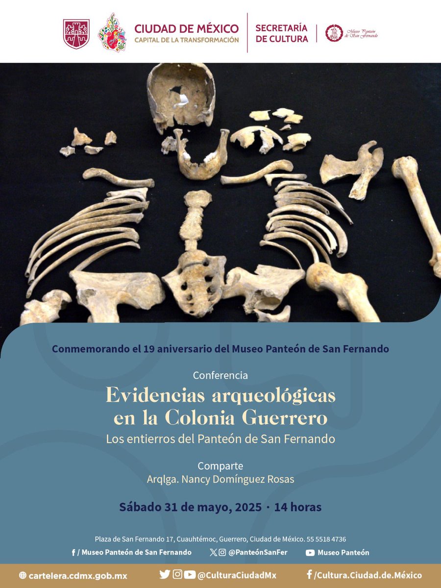 Fideicomiso Centro Histórico de Ciudad de México (@centro_cdmx) on Twitter photo El <a href="/PanteonSanFer/">Museo Panteón de San Fernando</a> te invita a la conferencia "Evidencias arqueológicas en la Colonia Guerrero. Los entierros del Panteón San Fernando." en conmemoración de su 19 aniversario.
📍Sábado 31 de mayo, 14 horas. El <a href="/PanteonSanFer/">Museo Panteón de San Fernando</a> te invita a la conferencia "Evidencias arqueológicas en la Colonia Guerrero. Los entierros del Panteón San Fernando." en conmemoración de su 19 aniversario.
📍Sábado 31 de mayo, 14 horas.