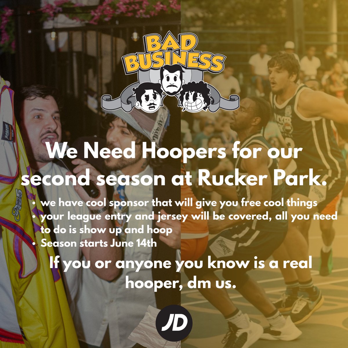 I am the GM &amp; owner of the JD Sports Bad Business Rucker Park basketball team and we are seeking real hoopers to join our squad - plz send to anyone in NYC that would be down to join our team this summer! <a href="/RuckerPark155/">Rucker Park Streetball</a> <a href="/jdsportsus/">JD Sports US</a>