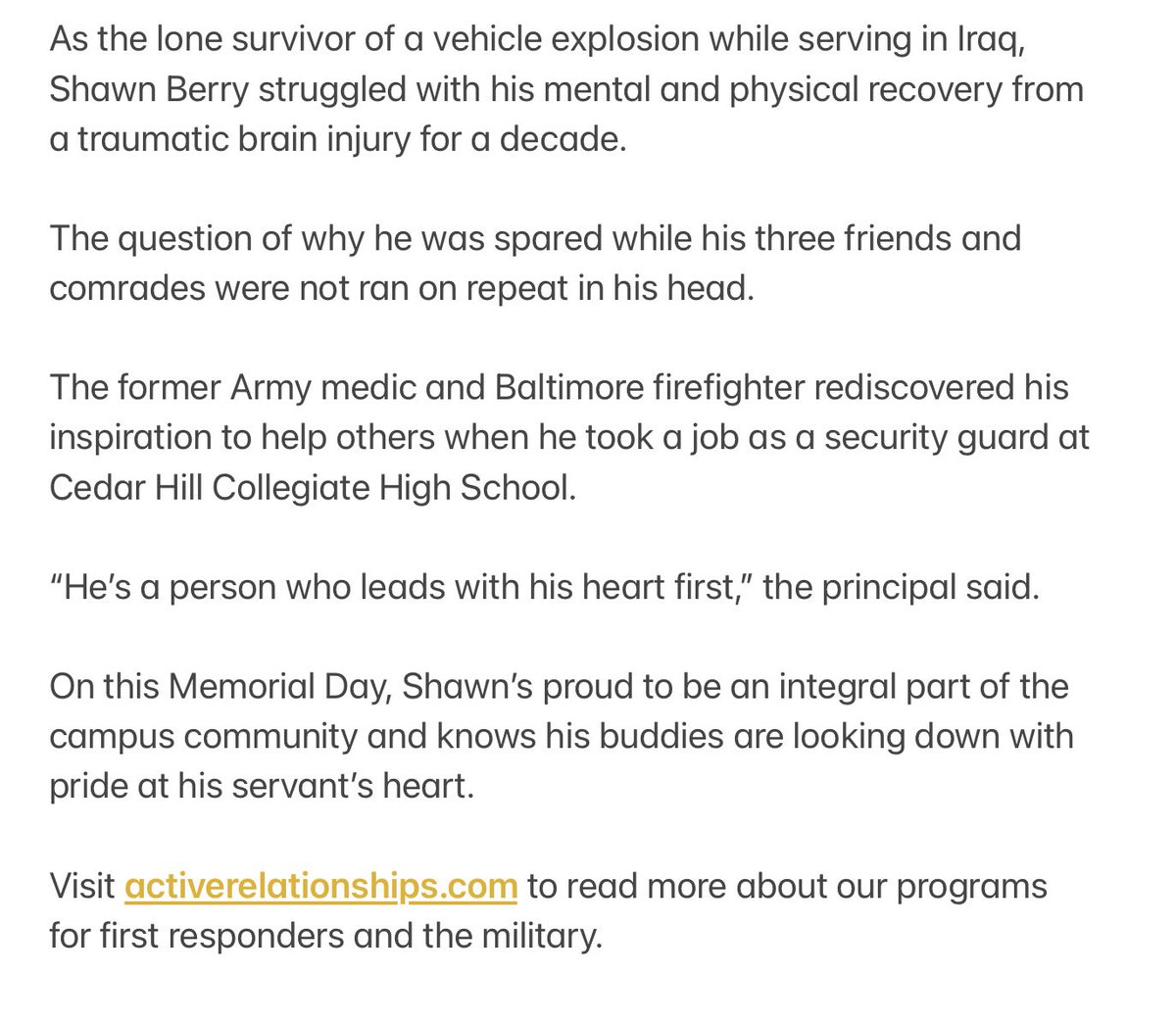 “He was the only survivor of an Iraq explosion. 20 years later, he’s finding his purpose” tinyurl.com/ARCarticle262

On this Memorial Day, Shawn Berry’s proud to be an integral part of the campus community and knows his buddies are looking down with pride at his servant’s heart.