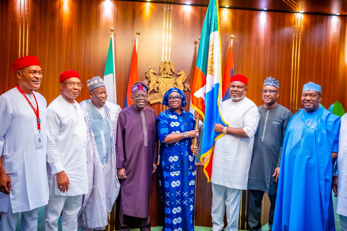 President Bola Ahmed Tinubu receives in Audience,  the APC National Chairman, H.E Abdulahi Ganduje and Anambra APC Gubernatorial Candidate, Mr Nicholas Ukachukwu and his running mate at the State House