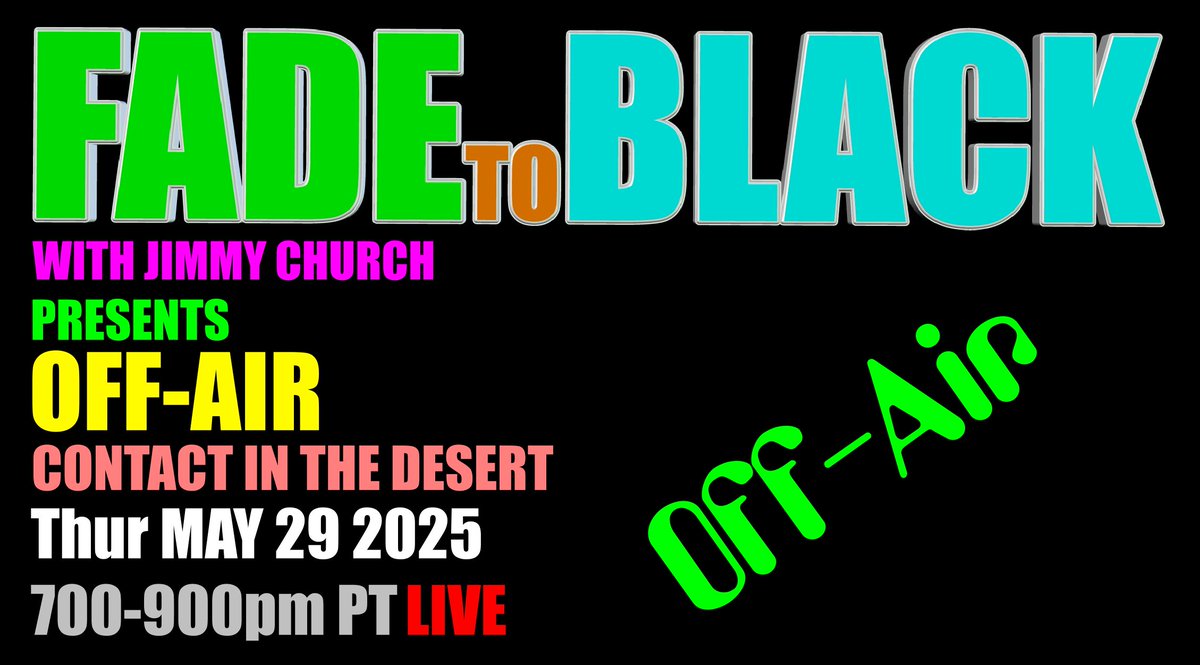 This Week on FADE to BLACK: 

Mon: Christopher A. Johnston, J.D.
 Roswell: The Truth on Trial
Tues: Dr. Mark Carlotto
 'An Inconvenient Theory'
Wed: AMA/AJA: Ask Jimmy Anything!
 It's Once-A-Month! OAM!
Thur: Off-Air
 Contact in the Desert

#f2b #media #ufo #breakingufo