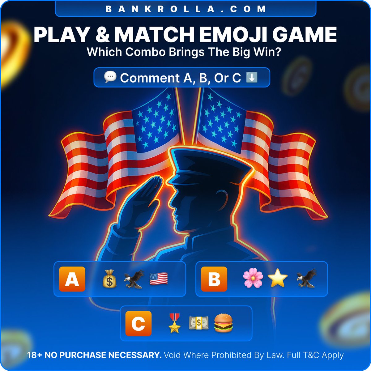 bankrollacom's tweet photo. 🇺🇸PLAY & MATCH EMOJI GAME🇺🇸

We’ve lined up 3 emoji combos that scream Memorial Day Vibes -but only one is the lucky winner!🤞
Which combo brings the big win?💸

Comment A, B, or C below⬇️

First 5 players who guess the right combo gets a surprise!

🔁Follow and Repost
🩷Comment your choice
🌞Use #Bankrolla hashtag in your reply

Let the emoji battle begin!🎉
#Bankrolla #SocialCasino #Sweepstakes #MemorialDay2025