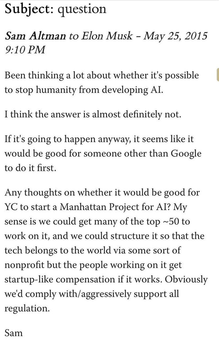 It's now 10 years since <a href="/sama/">Sam Altman</a> told <a href="/elonmusk/">Elon Musk</a> "we could structure it so that the tech belongs to the world"

"Obviously, we'd comply with/aggressively support all regulation" seems like another whopper