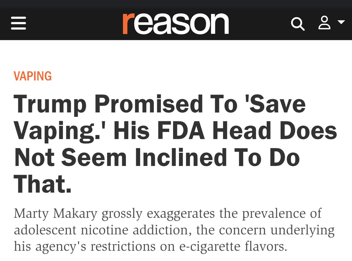 GregTHR's tweet photo. FDA Commissioner @DrMakaryFDA is echoing anti-vaping panic, not leading on reform.

As @jacobsullum writes at @reason, that seems to put him at odds with President Trump—who pledged to “save Flavored Vaping” and undo the agency's Biden-era prohibitionist policies. https://t.co/OomlchNVxM