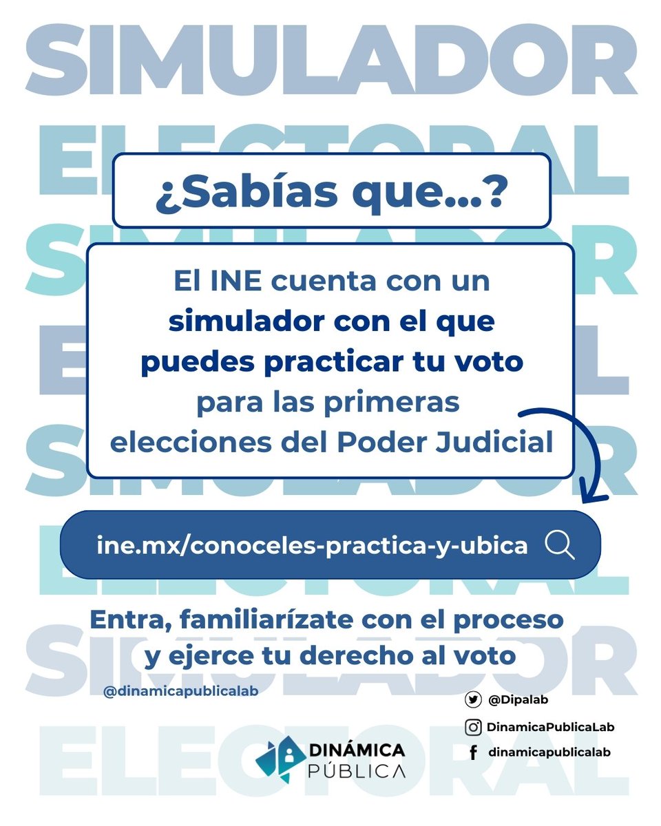 Dipalab's tweet photo. ¿Sabías que el INE lanzó un simulador para practicar tu voto en las elecciones del Poder Judicial? 🗳️
 También hay un video oficial que explica cómo usarlo paso a paso.
 Consulta ambos y participa de forma informada.#EleccionesJudiciales  #Elecciones2025 #SimuladorINE https://t.co/p8mmrXkBbu
