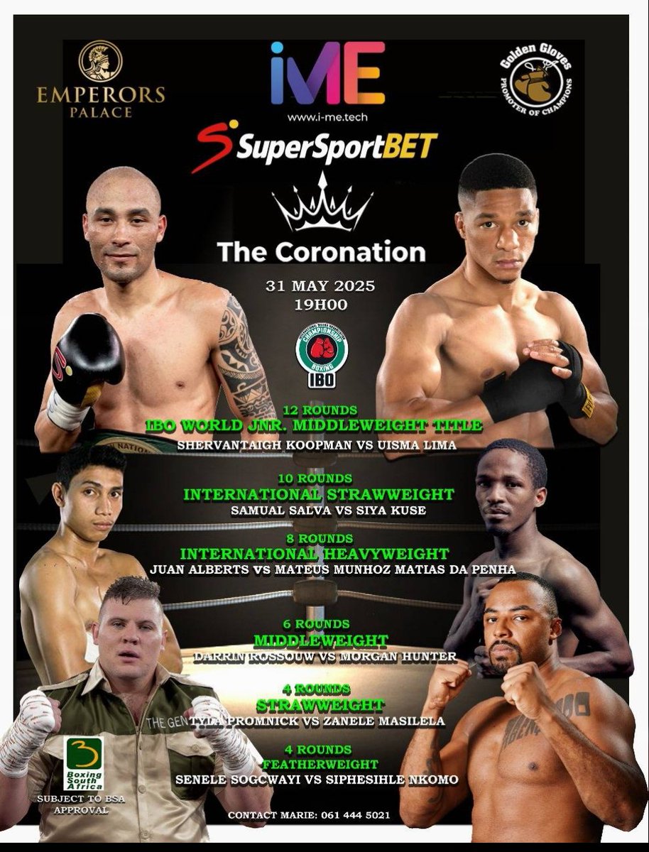 davidfriend6's tweet image. #boxing #boxingbreakdown #KuseSalva @POWCASTSPORTS @SuperSportTV @GoldenGlovesSA @AFRICANRING @davidfriend6 @droeksonboxing
IT'S FIGHT WEEK AT THE PALACE. Emperors Palace hosts the Coronation. Shervantaigh Koopman Vs Uisma Lima. Siya Kuse Vs Samuel Salva another cracker