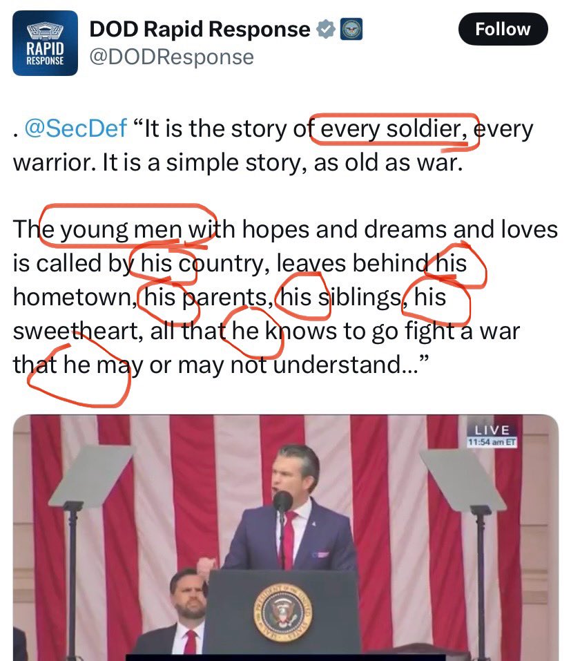 Look at how Hegseth erased women. Not even Vance did that.