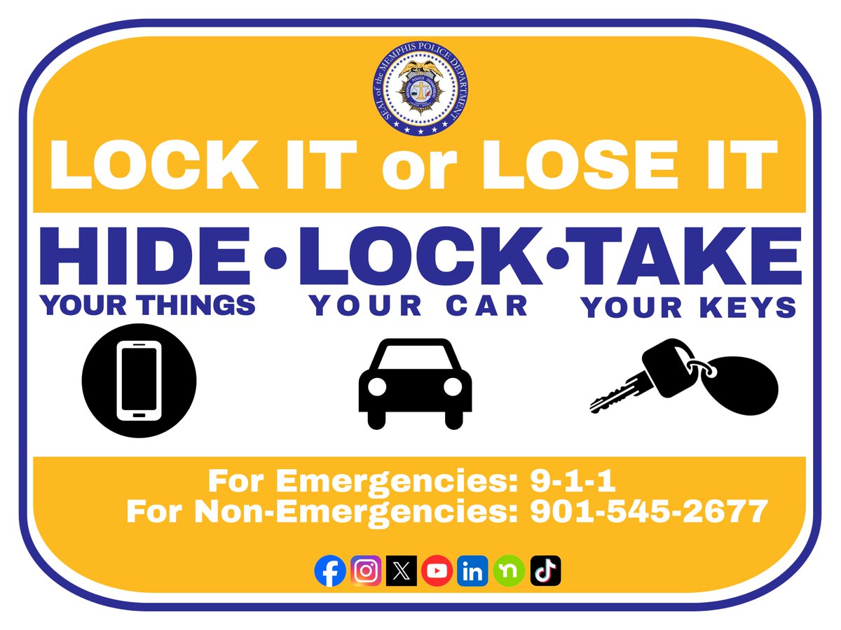 MEM_PoliceDept's tweet photo. Unlocked = Unprotected. Lock it or Lose it.
#MPD #SaferStrongerMemphis #ProtectingWhatMatters #LockYourVehicle https://t.co/JN6tCPGZN5