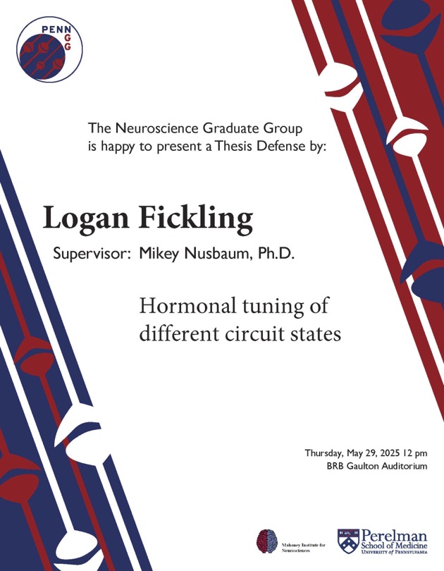 PennNGG's tweet image. #NGG is proud to present our next Thesis Defense given by Logan Flickling of the Nusbaum Lab! Please join us in person or virtually (DM us for the link) on 5/29. Best of luck, Logan! #PhAlmostDone 🥳