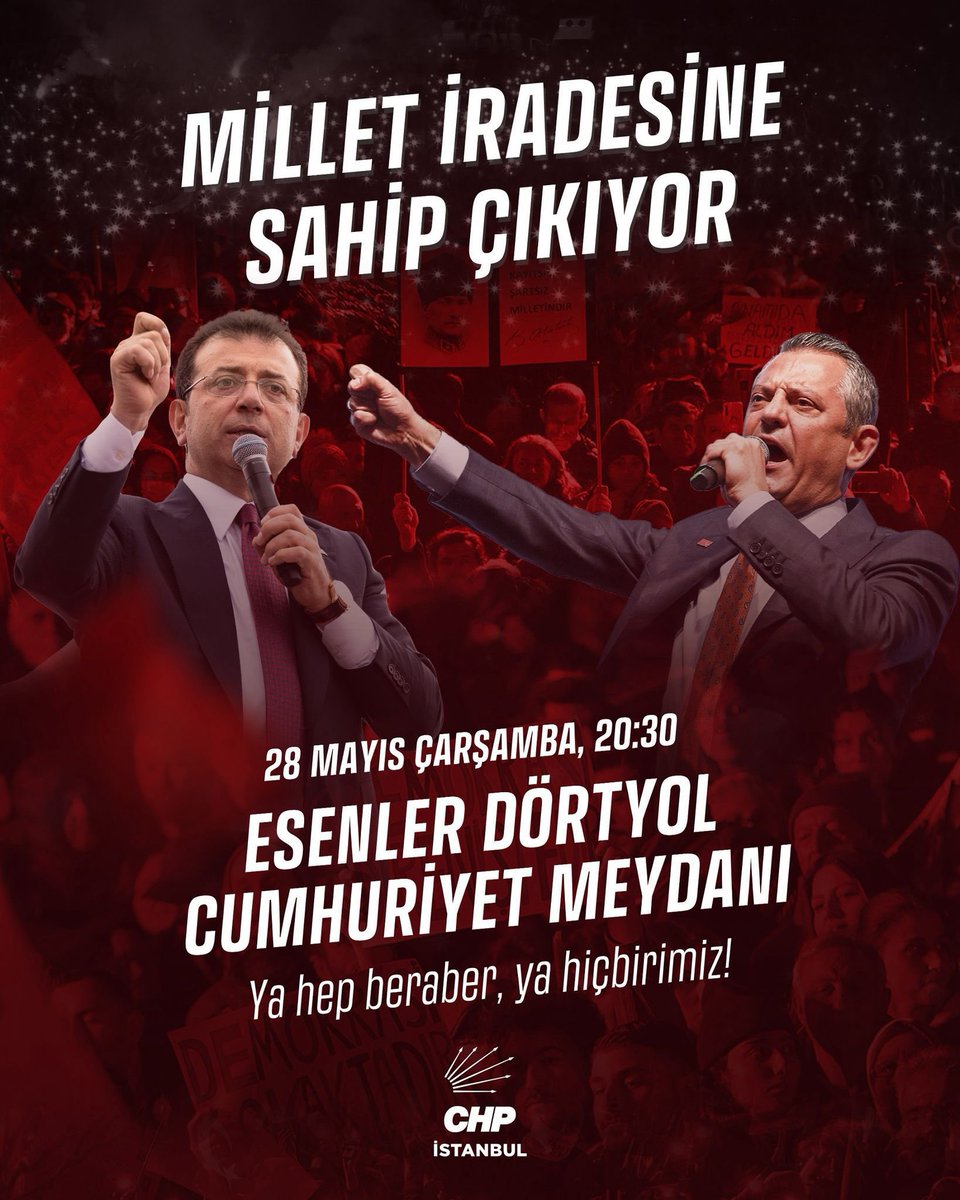 Baskılara boyun eğmez, umudu örgütlemekten vazgeçmeyiz!

Genel Başkanımız Sayın Özgür Özel’in öncülüğünde; halkımızla birlikte Cumhurbaşkanı Adayımız Ekrem İmamoğlu'na özgürlük demek için yine bir aradayız.

Milletimiz iradesine, biz milletimize sahip çıkıyoruz.

🗓️ 28 Mayıs