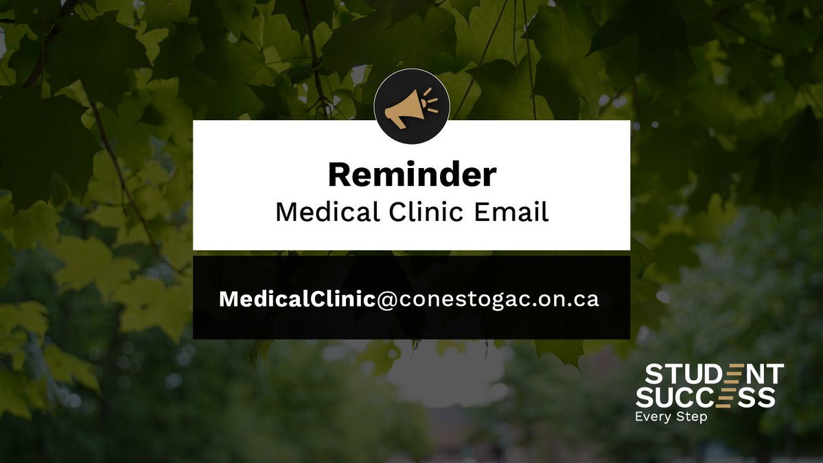 Conestoga College Student Success (@ccsuccessserv) on Twitter photo 📧👉Reminder! If you are looking to contact or book an appointment with the Medical Clinic, please email MedicalClinic@conestogac.on.ca.
Please note, any other email accounts for the Medical Clinic are no longer in use.
#HealthAndWellness #ConestogaCollege 📧👉Reminder! If you are looking to contact or book an appointment with the Medical Clinic, please email MedicalClinic@conestogac.on.ca.
Please note, any other email accounts for the Medical Clinic are no longer in use.
#HealthAndWellness #ConestogaCollege