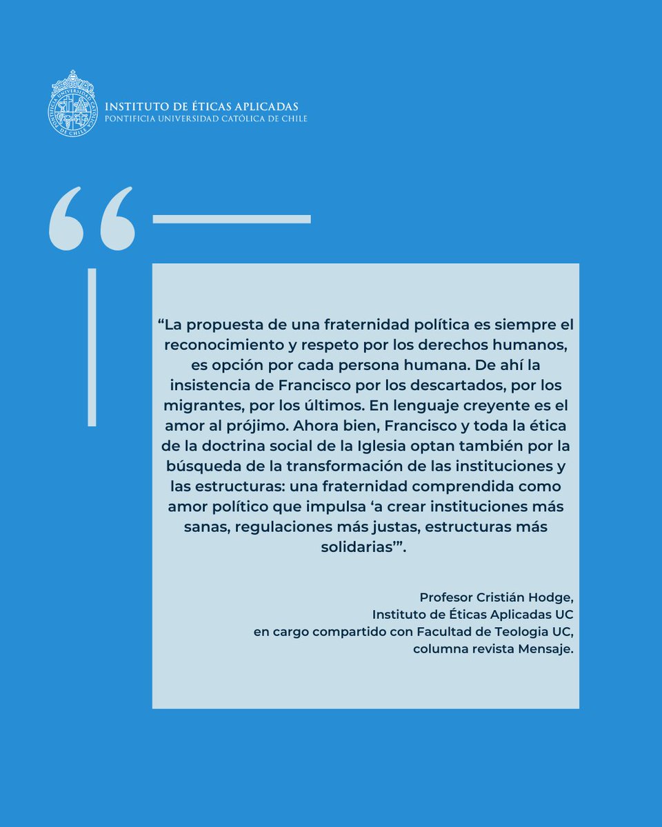 EticaAplicadaUC's tweet photo. 📲 Compartimos la columna “La preocupación social del papa Francisco en sus encíclicas”, que el académico de #ÉticasAplicadasUC en cargo compartido con @TeologiaUC Cristián Hodge publicó en la revista Mensaje, 

🔗 Columna completa: https://t.co/LavljbvJ2A (con suscripción). https://t.co/VyjXgf35jW