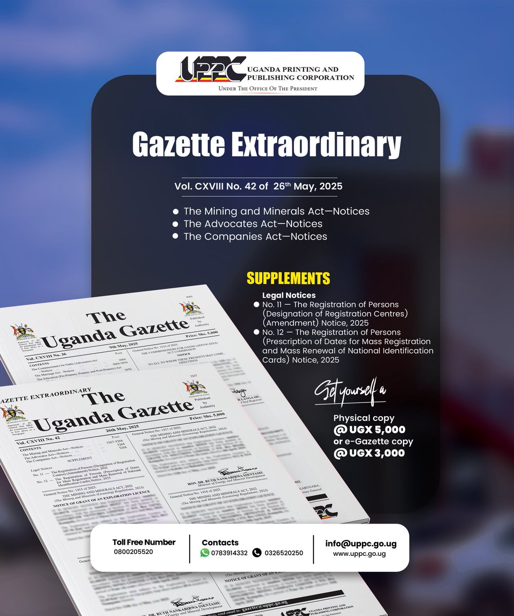 UgandaGazette's tweet image. What to find in today’s Gazette Extraordinary:
uppc.go.ug
#UgandaGazette