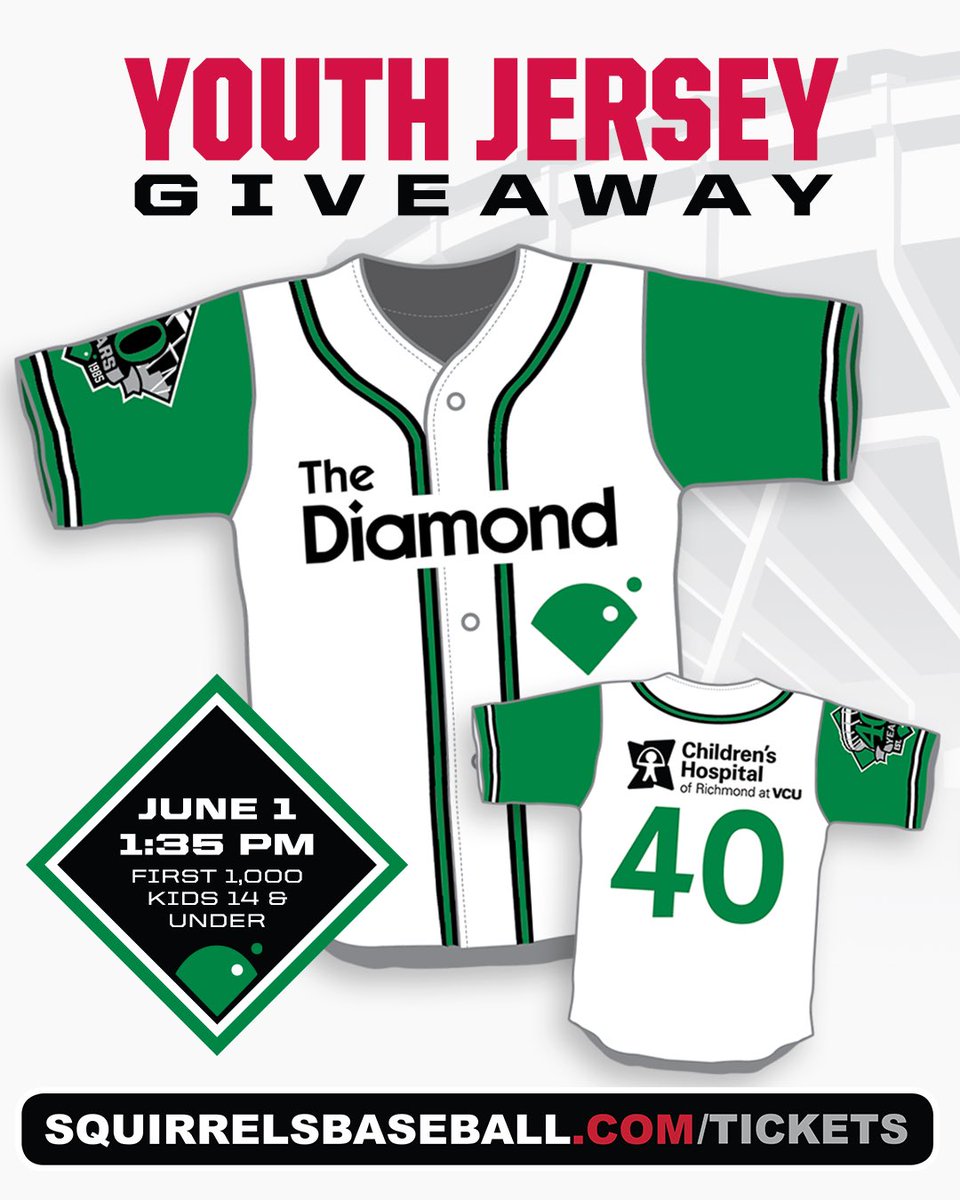 Richmond Flying Squirrels (@gosquirrels) on Twitter photo A youth jersey giveaway we’ll remember fondly 🏟️
Swing by The Diamond on Sunday, June 1 where the first 1,000 kids 14 and under will receive this commemorative The Diamond jersey courtesy of <a href="/childrensatvcu/">Children's Hospital of Richmond at VCU</a>!
🎟️ atmilb.com/4hMHR4X A youth jersey giveaway we’ll remember fondly 🏟️
Swing by The Diamond on Sunday, June 1 where the first 1,000 kids 14 and under will receive this commemorative The Diamond jersey courtesy of <a href="/childrensatvcu/">Children's Hospital of Richmond at VCU</a>!
🎟️ atmilb.com/4hMHR4X