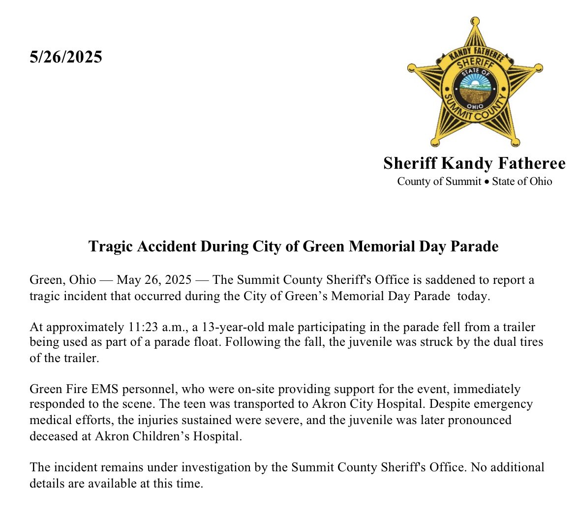 Summit County Sheriff's Office (@summitsheriffoh) on Twitter photo Our sincere condolences and prayers go out to the family. Our sincere condolences and prayers go out to the family.