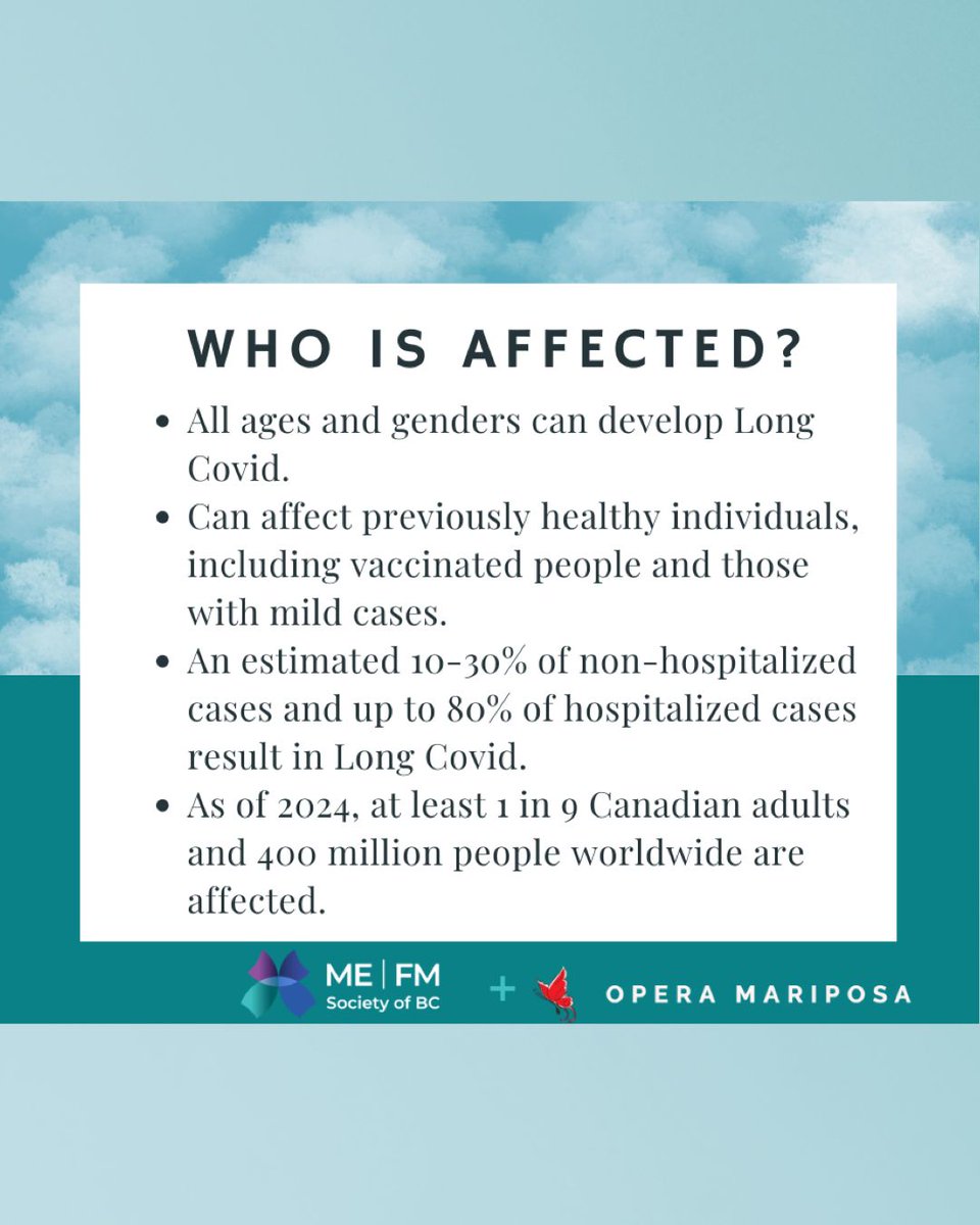 OperaMariposa's tweet image. Did you know? Our charitable partner @mefmbc is run by &amp;amp; for people with #MECFS, #Fibromyalgia, &amp;amp; now #LongCovid as well. Long Covid is an umbrella term for the complex suites of symptoms that can persist or develop after a Covid infection. Learn more: mefm.bc.ca/what-is-me-wha…