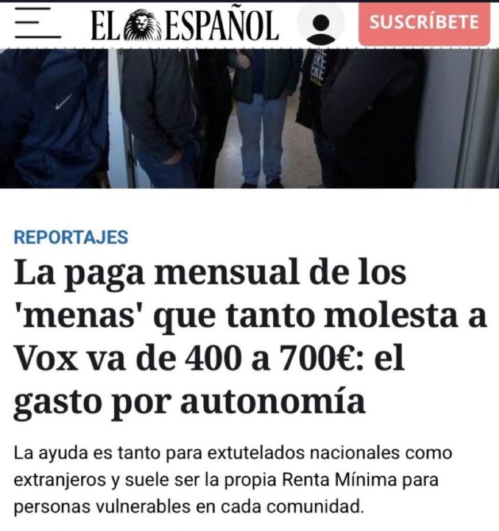 🔴 700€ al mes de dinero público para mantener a MENAs en España.

El Español dice que esta paga molesta a VOX.

🔃 RT si a ti también te molesta que tus impuestos vayan a mantener MENAs.