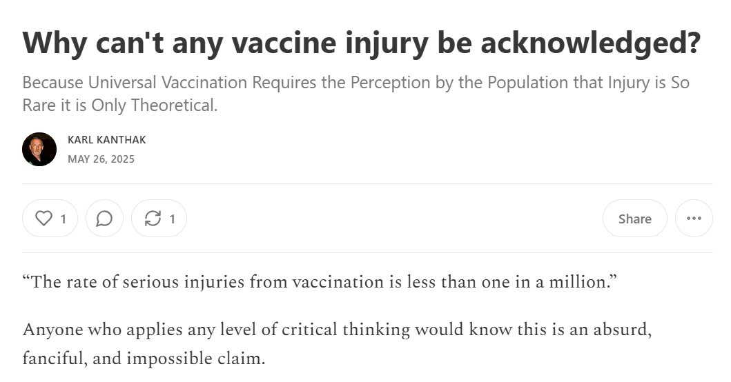 KanthakKarl's tweet image. Why can't vaccine injury be acknowledged?
"The fantasy that vaccines are harmless is critical because if any parent or patient believed that there was any legitimate chance that receiving a vaccine could cause harm, then universal, population level vaccination programs…