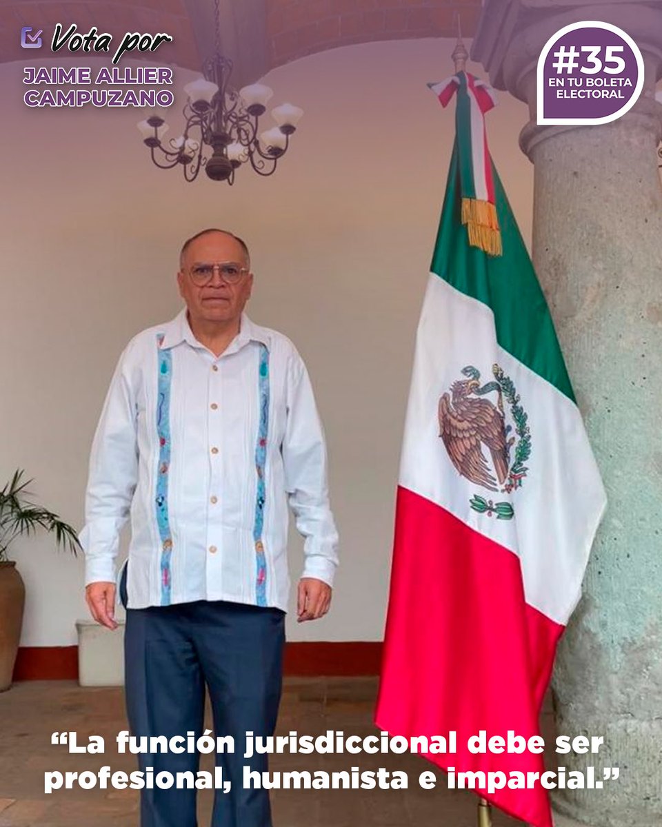 ⚖️ La función jurisdiccional debe ser profesional, humanista e imparcial.

🤝🏻Porque impartir justicia no es solo aplicar la ley, sino hacerlo con humanidad, conocimiento y equidad.

🟣 Vota por Jaime Allier #35 para Ministro de la SCJN este 1 de junio.
👨🏻‍⚖️ Un ministro con