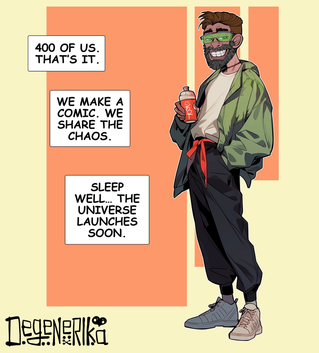 Good night ya kickass degenerates!

A small project with a big plan:

- 400 NFTs
- A comic made with the holders
- Comic mint shared profits
-  And a universe of beautiful degenerates

The story’s just getting started.🌀📖
#comics #NFTCommunity  #Solana #NCHaD