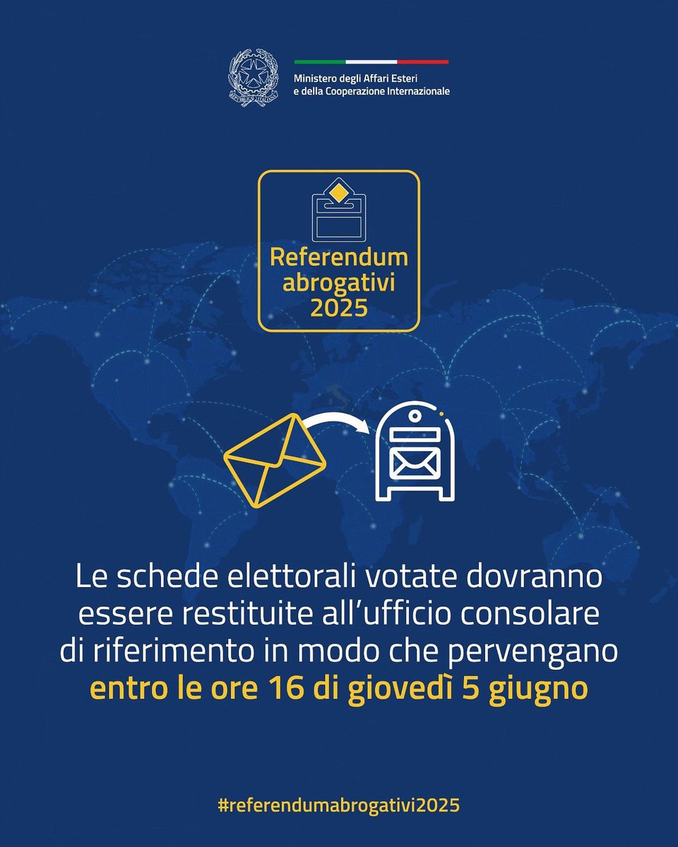 🗳️ #Referendumabrogativi2025 

❗La busta preaffrancata contenente le schede elettorali dovrà pervenire al Consolato entro le ore 16 di giovedì 5 giugno. Nel foglio illustrativo troverai tutte le indicazioni per votare e restituire le schede al Consolato👇
esteri.it/it/sala_stampa…