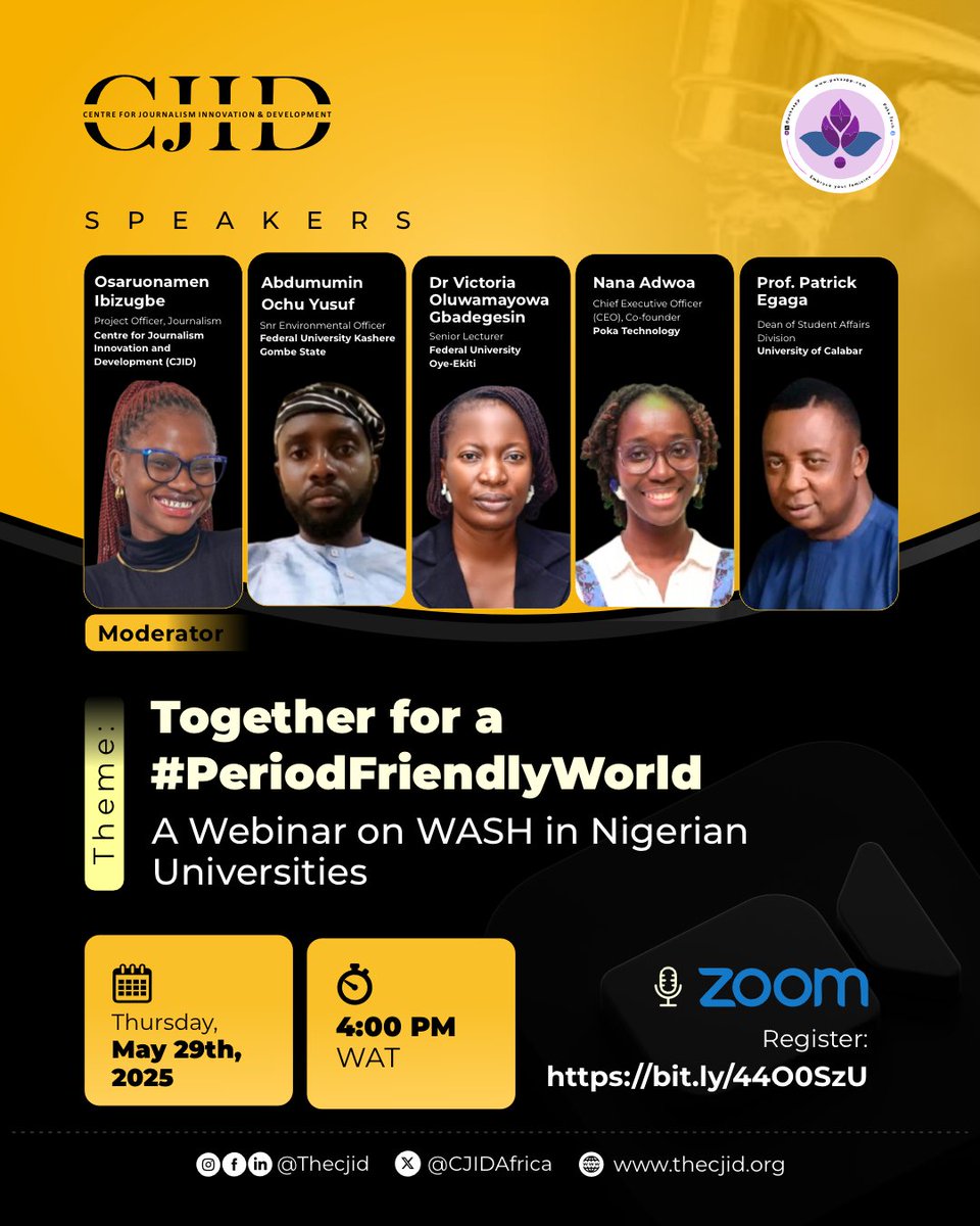 To commemorate the 2025 World Menstrual Hygiene Day (#MHD2025), the Centre for Journalism Innovation and Development (CJID) is hosting a webinar themed "Together for a #PeriodFriendlyWorld" on Thursday, May 29th at 4 PM (WAT).

Join our expert speakers as they discuss menstrual