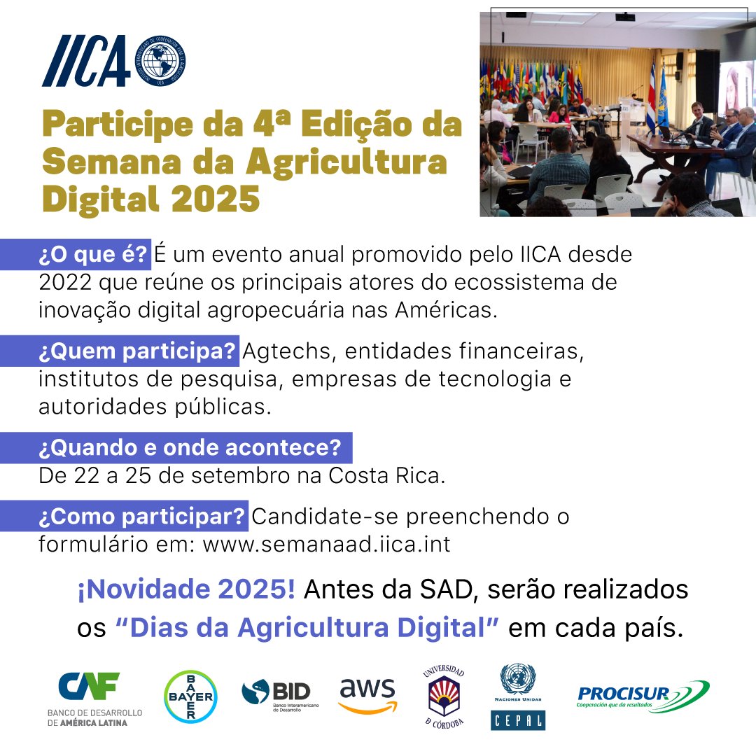 📣¡Boas notícias!

Graças à parceria entre o CAF, Bayer Crop Science, o BID, a CEPAL, a Amazon Web Services (AWS), a Universidade de Córdoba (Espanha), o Procisur e o IICA, foi lançada a 4ª Edição da Semana da Agricultura Digital 🚀.

O objetivo é promover uma maior articulação