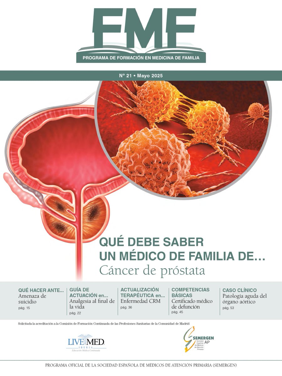 🩺 ¡Nuevo número de Revista FMF!
"Qué debe saber un médico de familia de... Cáncer de próstata"
✅ Qué hacer ante... Amenaza de suicidio (pág. 15)
✅ Guía de actuación en... Analgesia al final de la vida (pág. 22)
✅ Actualización terapéutica: enfermedad CRM (pág. 36)
✅