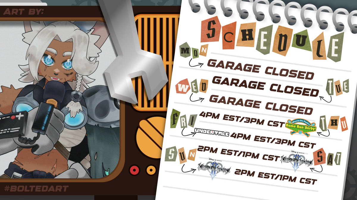 Bolts The Mechanic 🔩 (2.0 Coming This Spring) ⚡️ (@boltsthemech) on Twitter photo 🔩STREAM SCHEDULE 5/26 - 6/1🔩
SUBATHON CONTINUES!
Chat and <a href="/SunnyEggsDee/">SunnyEggsDeeVT☀️🥚</a> are making me play a terrible PS1 game? Can we beat Sans from Undertale with <a href="/IvyOnimura/">🩹Ivy Onimura🔥Tomboy Imptuber</a>? How much further can we get in Kingdom Hearts?
🔩: #boltsthemech
🎨: #boltedart
🔞:#boltsthelewd 🔩STREAM SCHEDULE 5/26 - 6/1🔩
SUBATHON CONTINUES!
Chat and <a href="/SunnyEggsDee/">SunnyEggsDeeVT☀️🥚</a> are making me play a terrible PS1 game? Can we beat Sans from Undertale with <a href="/IvyOnimura/">🩹Ivy Onimura🔥Tomboy Imptuber</a>? How much further can we get in Kingdom Hearts?
🔩: #boltsthemech
🎨: #boltedart
🔞:#boltsthelewd
