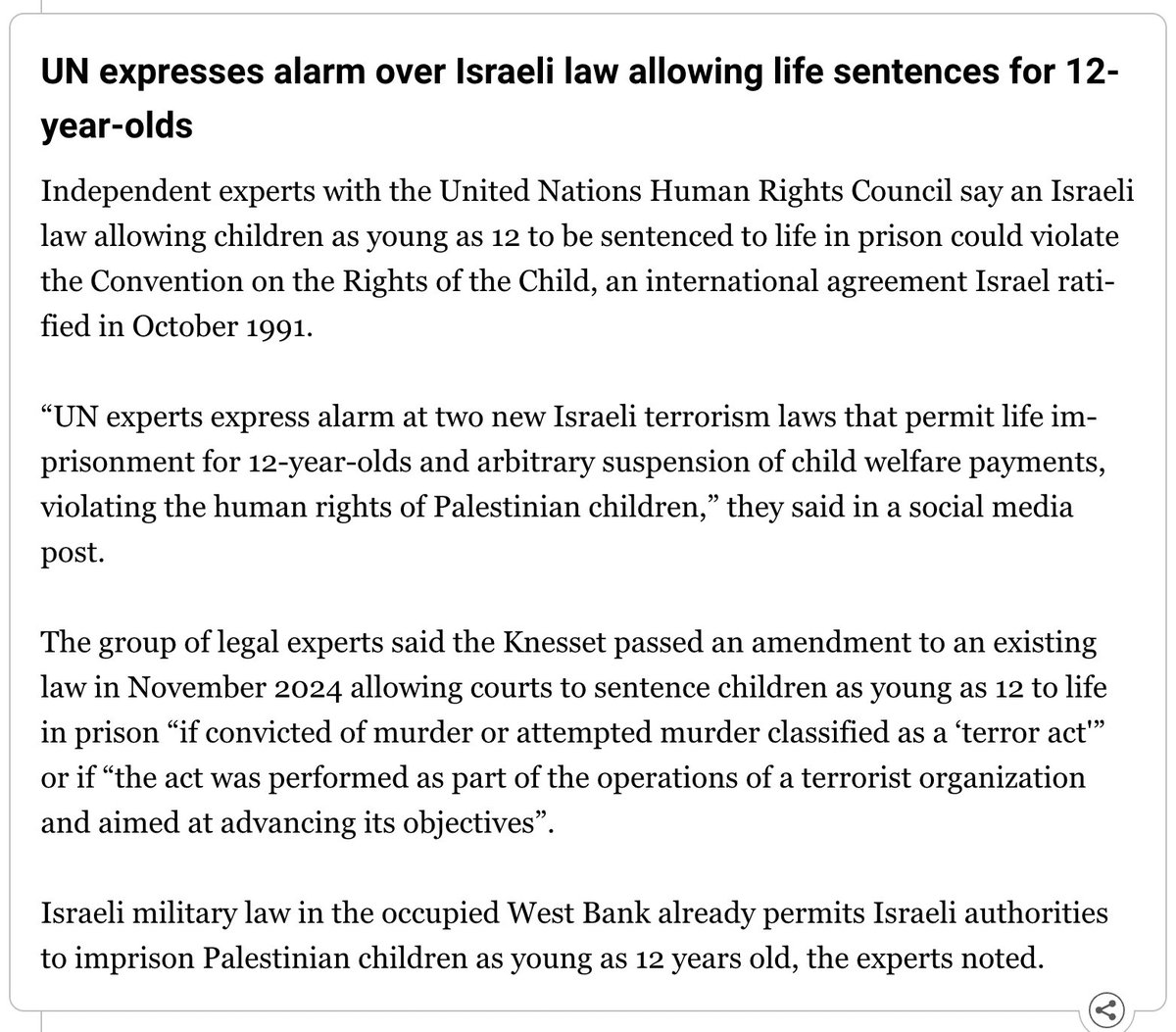 imprisoning children as young as 12 for life "could violate the Convention on the Rights of the Child"