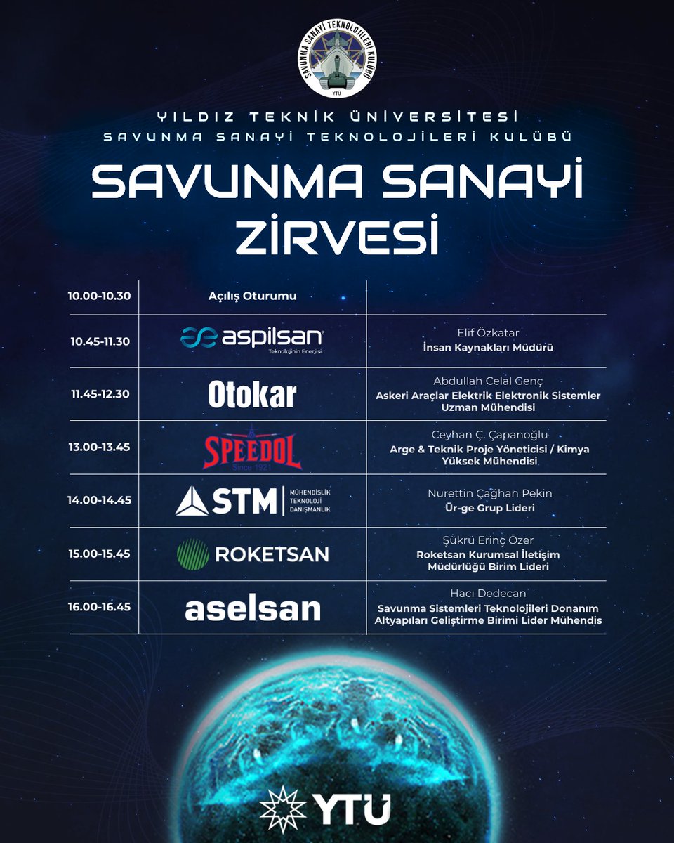 Savunma Sanayi Teknolojileri Kulübü olarak Savunma Sanayi Zirvesi'25 etkinliğimiz ile karşınızdayız!🥳

27 Mayıs'ta düzenleyeceğimiz Davutpaşa EEF Konferans Salonunda gerçekleşecek etkinliğimizde sektöre damga vuracak konuşmalarıyla alanında uzman konuklarımızı ağırlayacağız.🚀