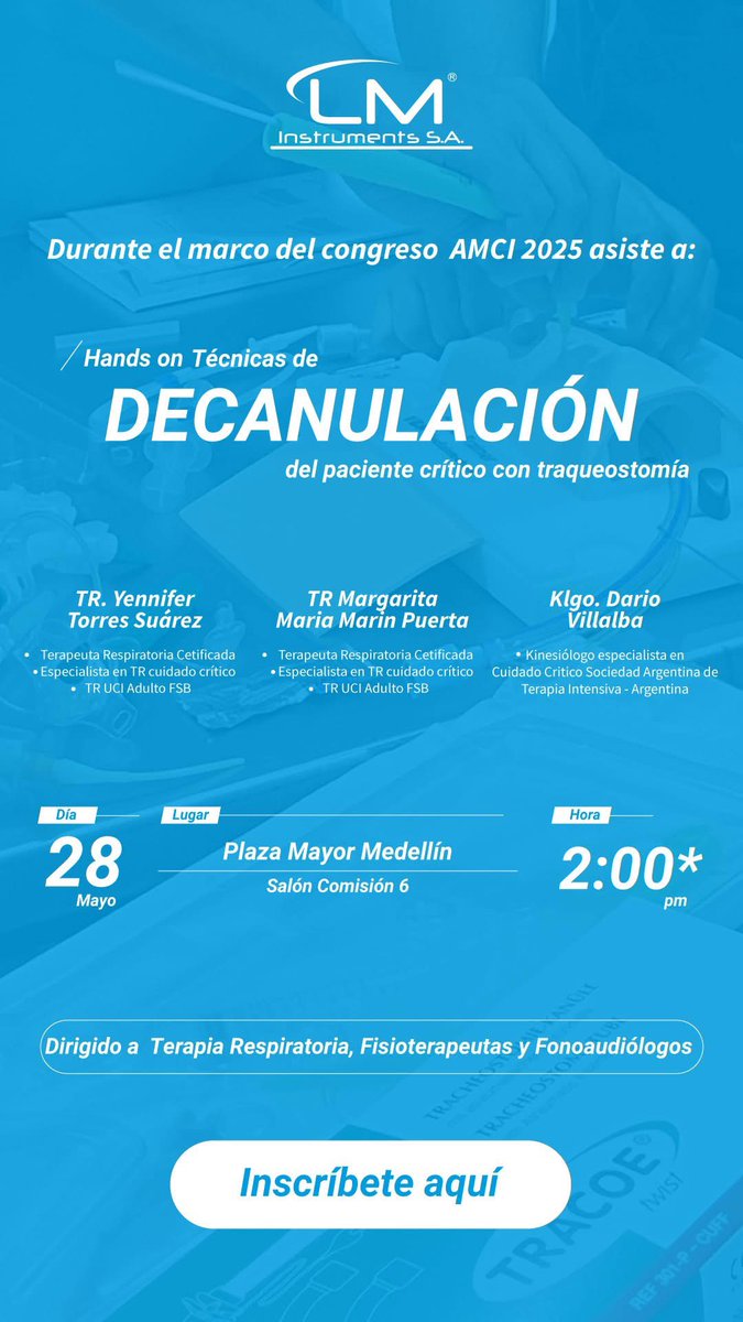 AMCI (@amci_colombia) on Twitter photo Prográmate en el #CongresoAMCI 2025 al Hands on Técnicas de decanulación del Paciente Crítico con traqueostomía LMInstruments
Asegura tu cupo e inscríbete en: forms.office.com/r/tnhmG0z77n
🗓Miércoles 28 de mayo - 14:00hrs
📍 <a href="/plazamayormed/">Plaza Mayor Medellín</a> Salón Comision 6 Prográmate en el #CongresoAMCI 2025 al Hands on Técnicas de decanulación del Paciente Crítico con traqueostomía LMInstruments
Asegura tu cupo e inscríbete en: forms.office.com/r/tnhmG0z77n
🗓Miércoles 28 de mayo - 14:00hrs
📍 <a href="/plazamayormed/">Plaza Mayor Medellín</a> Salón Comision 6