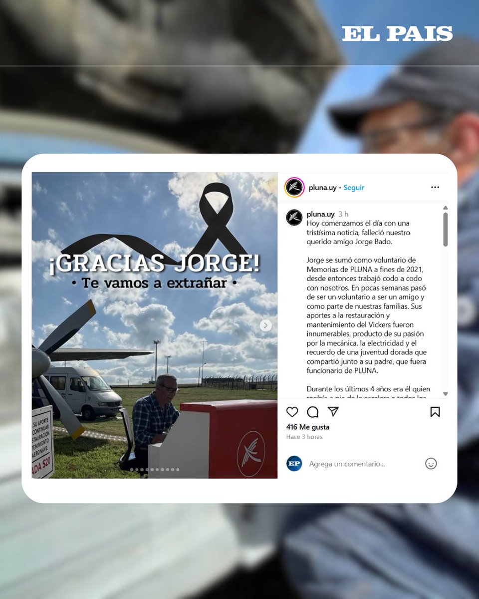 La organización Memorias de PLUNA despidió a Jorge Bado, que era voluntario desde 2021. Él y su pareja murieron tras ser embestidos por un auto que corría picadas elpais.uy/ti5hiuij