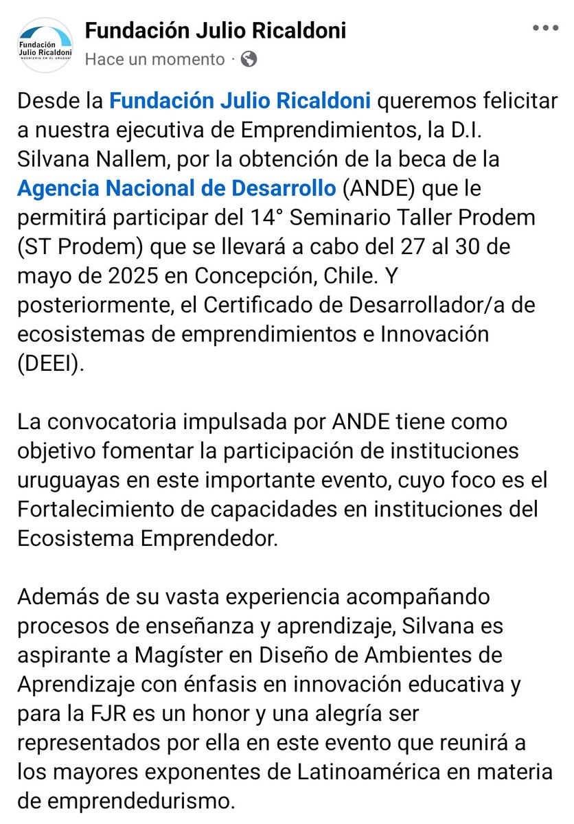 Desde la FJR queremos felicitar a nuestra ejecutiva de Emprendimientos, la D.I. Silvana Nallem, por la obtención de la beca de la Agencia Nacional de Desarrollo (ANDE) que le permitirá participar del 14° Seminario Taller Prodem (ST Prodem).

Más info👇🏼