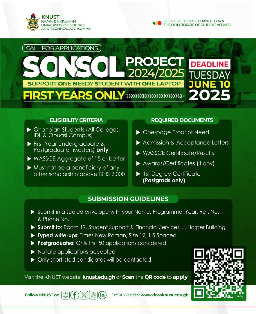 It is finally time to put in an application for the SONSOL laptops.

Kindly read all about it, fill out the form, get all the requisite documents, and submit your application to the office now.

For details:
knust.edu.gh/announcements/…