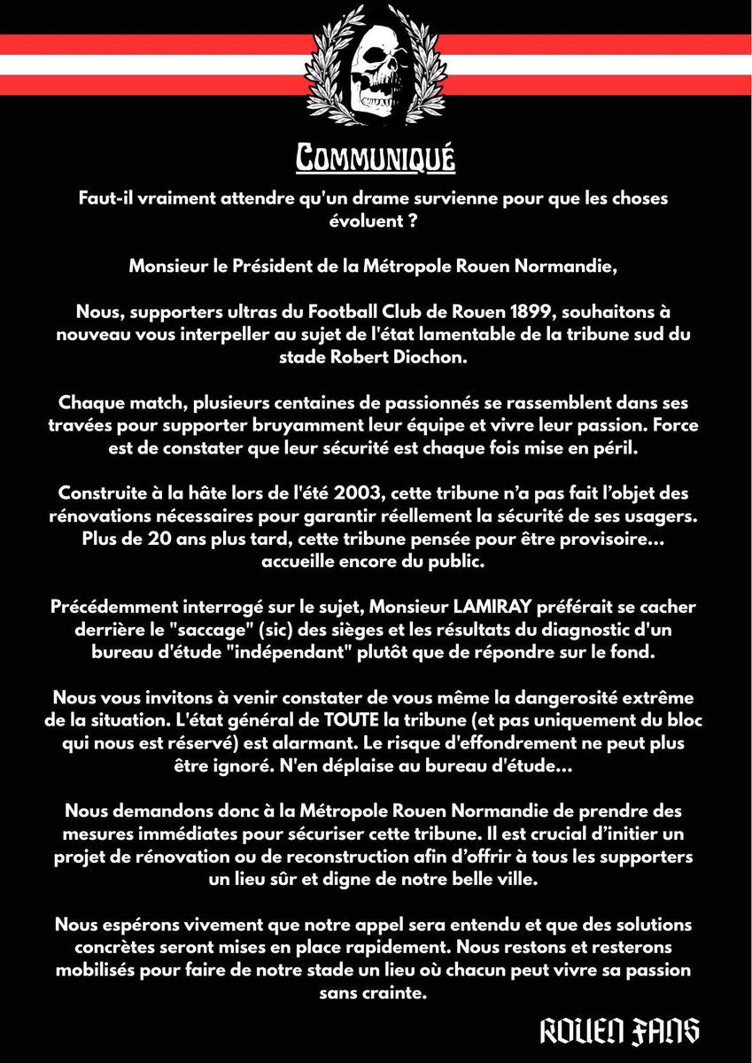 🔴 Communiqué des <a href="/RouenFans/">Rouen Fans</a> à propos de l’état de La Tribune Sud. Une tribune provisoire… depuis 2003.