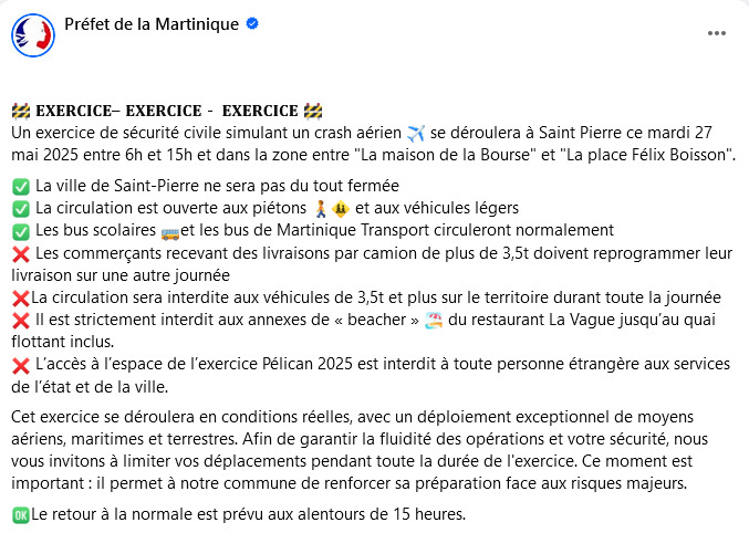 Préfet de la Martinique (@prefet972) on Twitter photo 🚧 𝐄𝐗𝐄𝐑𝐂𝐈𝐂𝐄– 𝐄𝐗𝐄𝐑𝐂𝐈𝐂𝐄 - 𝐄𝐗𝐄𝐑𝐂𝐈𝐂𝐄 🚧
Un exercice de sécurité civile simulant un crash aérien ✈ à Saint Pierre le mardi 27 mai de 6h et 15h et entre la maison de la Bourse et la place Félix Boisson.
<a href="/VilleDuCarbet/">Ville Du Carbet</a> <a href="/ArsMartinique/">@ARS_Martinique</a> <a href="/CTM_Martinique/">CTM</a> <a href="/Sdis972/">Sapeurs-Pompiers de Martinique (972)</a> 🚧 𝐄𝐗𝐄𝐑𝐂𝐈𝐂𝐄– 𝐄𝐗𝐄𝐑𝐂𝐈𝐂𝐄 - 𝐄𝐗𝐄𝐑𝐂𝐈𝐂𝐄 🚧
Un exercice de sécurité civile simulant un crash aérien ✈ à Saint Pierre le mardi 27 mai de 6h et 15h et entre la maison de la Bourse et la place Félix Boisson.
<a href="/VilleDuCarbet/">Ville Du Carbet</a> <a href="/ArsMartinique/">@ARS_Martinique</a> <a href="/CTM_Martinique/">CTM</a> <a href="/Sdis972/">Sapeurs-Pompiers de Martinique (972)</a>