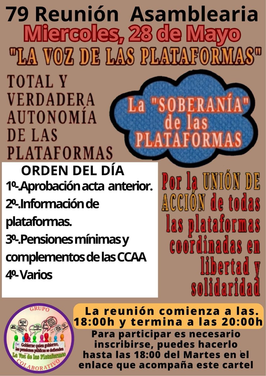 Mov. Defensa Pensions Públicas e do publico Lugo (@modepenl) on Twitter photo #LaVozDeLasPlataformas
#UnionDeAccion
79 REUNIÓN ASAMBLEARIA G. C. La Voz de Las Plataformas
enlace de inscripción:
👇🏼👇🏼👇🏼👇🏼
*us02web.zoom.us/meeting/regist…*
Por la verdadera UNIÓN DE ACCIÓN de los MMSS por la lucha de nuestros derechos
<a href="/pensionazo_no/">G. C. LA VOZ de LAS PLATAFORMAS</a>
<a href="/PorLaUnidadPens/">@PorLaUnidadSocial</a>
<a href="/LaVozenIgualdad/">La Voz de las Plataformas por la igualdad.</a> #LaVozDeLasPlataformas
#UnionDeAccion
79 REUNIÓN ASAMBLEARIA G. C. La Voz de Las Plataformas
enlace de inscripción:
👇🏼👇🏼👇🏼👇🏼
*us02web.zoom.us/meeting/regist…*
Por la verdadera UNIÓN DE ACCIÓN de los MMSS por la lucha de nuestros derechos
<a href="/pensionazo_no/">G. C. LA VOZ de LAS PLATAFORMAS</a>
<a href="/PorLaUnidadPens/">@PorLaUnidadSocial</a>
<a href="/LaVozenIgualdad/">La Voz de las Plataformas por la igualdad.</a>