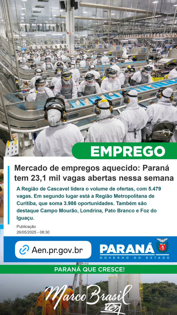 O Paraná começa a semana com um total de 23.138 vagas de emprego com carteira assinada disponíveis nas Agências do Trabalhador e postos avançados em todas as regiões do Estado.

É bom demais!! Aoiii!!!