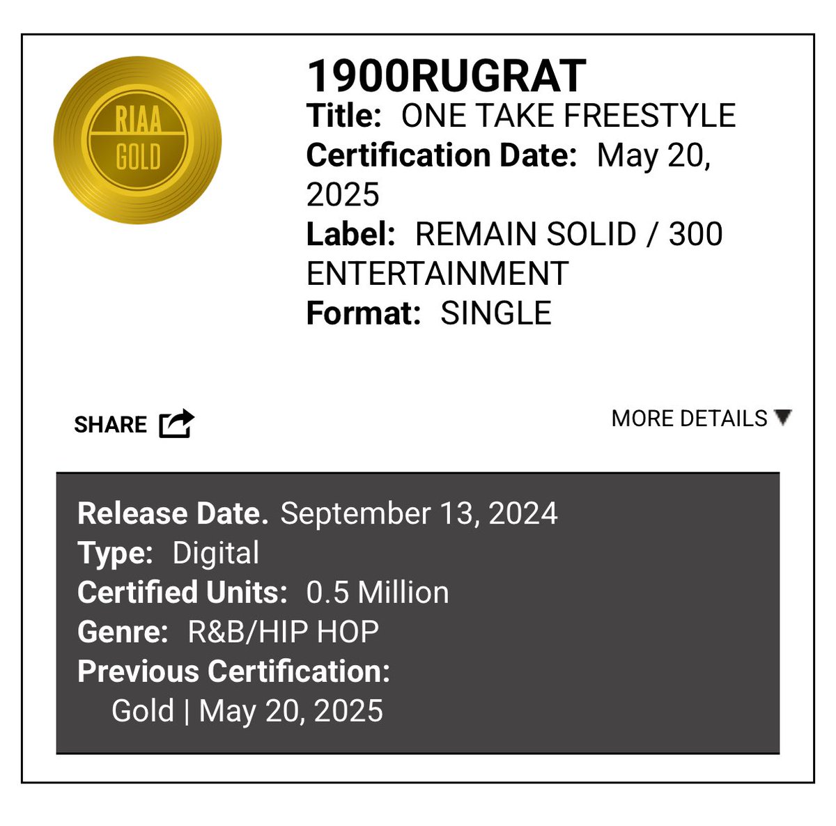 Big congrats to #1900rugrat on his first certified GOLD for  “ONE TAKE FREESTYLE”🍾📀