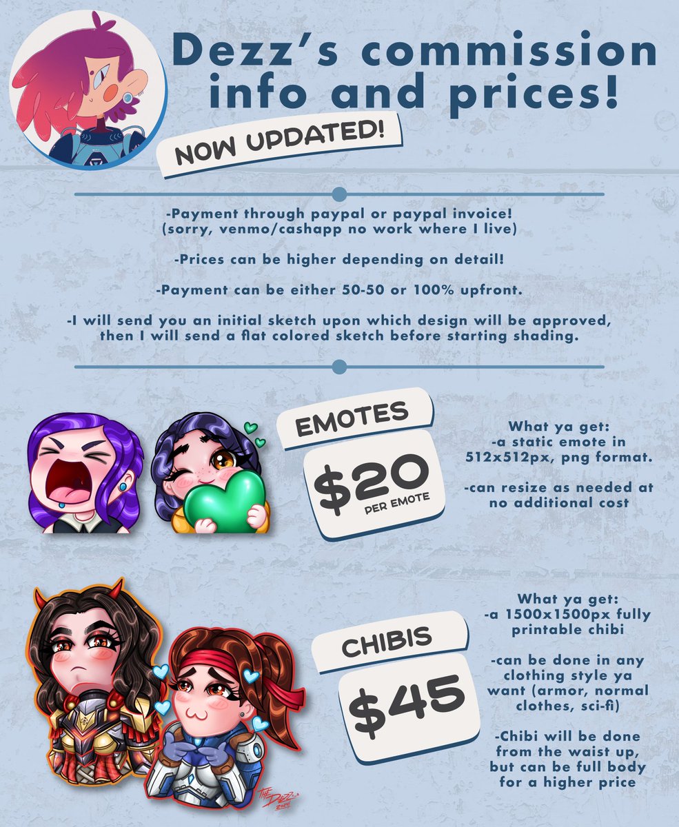 DezzMalone's tweet image. Had to make some expenses due to vet bills, so I'm taking the chance to update some of my commission info and prices!! 

Retweets are HIGHLY appreciated so I can reach more homies!