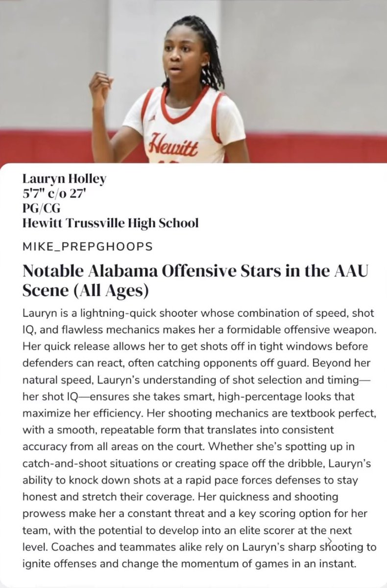 Lauryn Holley (@laurynholley12) on Twitter photo Thank You <a href="/pghalabama/">Prep Girls Hoops Alabama</a>, <a href="/PrepGirlsHoops/">Prep Girls Hoops ๐</a>, & <a href="/lookitz_stowe/">Mikey</a> for the Write Up!!! I really appreciate it and will continue to work on my game!
<a href="/nowelitenike/">NOW Elite NIKE</a> <a href="/Nowelitenike16u/">NOW Elite Nike 16u</a> <a href="/IE_Showcase_/">๐๐ป๐๐ถ๐ฑ๐ฒ๐ฟ ๐๐
๐ฝ๐ผ๐๐๐ฟ๐ฒ ๐ฆ๐ต๐ผ๐๐ฐ๐ฎ๐๐ฒ</a> <a href="/HT_GIRLS/">HT Girls Basketball</a> <a href="/talkinghoops23/">TALKING HOOPS</a> <a href="/ProspectShowcse/">Prospect_ShowcaseWBB</a> <a href="/NikeGirlsEYBL/">Nike Girls EYBL</a> <a href="/BTNScouting/">BTN Scouting</a> Thank You <a href="/pghalabama/">Prep Girls Hoops Alabama</a>, <a href="/PrepGirlsHoops/">Prep Girls Hoops ๐</a>, & <a href="/lookitz_stowe/">Mikey</a> for the Write Up!!! I really appreciate it and will continue to work on my game!
<a href="/nowelitenike/">NOW Elite NIKE</a> <a href="/Nowelitenike16u/">NOW Elite Nike 16u</a> <a href="/IE_Showcase_/">๐๐ป๐๐ถ๐ฑ๐ฒ๐ฟ ๐๐
๐ฝ๐ผ๐๐๐ฟ๐ฒ ๐ฆ๐ต๐ผ๐๐ฐ๐ฎ๐๐ฒ</a> <a href="/HT_GIRLS/">HT Girls Basketball</a> <a href="/talkinghoops23/">TALKING HOOPS</a> <a href="/ProspectShowcse/">Prospect_ShowcaseWBB</a> <a href="/NikeGirlsEYBL/">Nike Girls EYBL</a> <a href="/BTNScouting/">BTN Scouting</a>