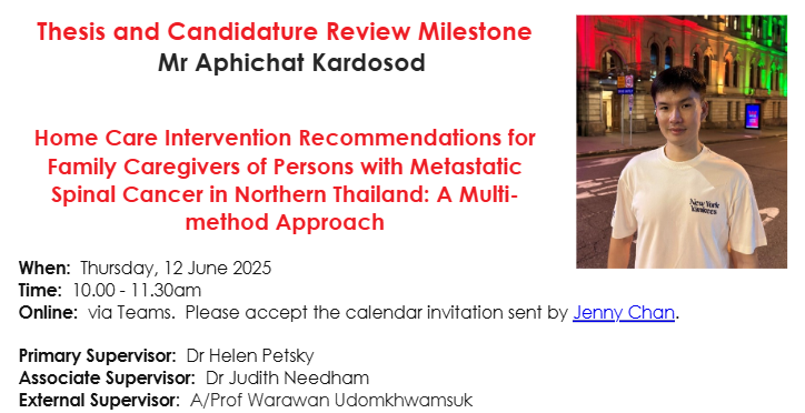 Griffith University Nursing & Midwifery (@griffithnursing) on Twitter photo 📢Presentation Alert 📢
Tune in to Aphichat Kardosod, who will deliver his PhD TCRM on the experiences of family caregivers providing palliative home care for people with metastatic spinal cancer in Northern Thailand 🇹🇭
📅 12th June 10 am
📩 RSVP: email j.chan@griffith.edu.au 📢Presentation Alert 📢
Tune in to Aphichat Kardosod, who will deliver his PhD TCRM on the experiences of family caregivers providing palliative home care for people with metastatic spinal cancer in Northern Thailand 🇹🇭
📅 12th June 10 am
📩 RSVP: email j.chan@griffith.edu.au