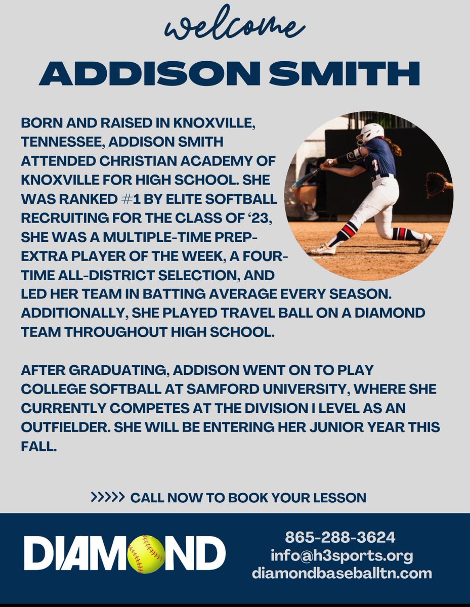 AddisonSmith's tweet image. *HITTING LESSONS*

I am home for the summer and will be giving hitting lessons at Diamond Baseball Academy! I am an outfielder on the Samford Softball team and will be going into my junior year! Please contact the Diamond Baseball Academy (contact information below) to schedule !