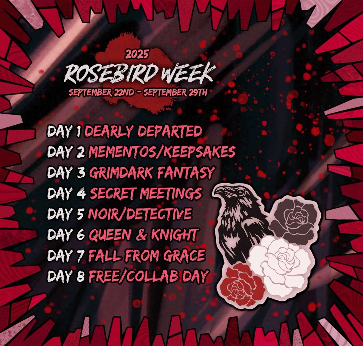 rosebirdweek's tweet photo. THE FINAL YEAR OF ROSEBIRD‼️

The official dates for Rosebird Week are September 22nd to September 29th! You can view the prompts for this year below!

Thank you for all the positive feedback so far &amp; we hope you're all looking forward to the week! See you then! #rosebirdweek https://t.co/7OgVaV4Db3
