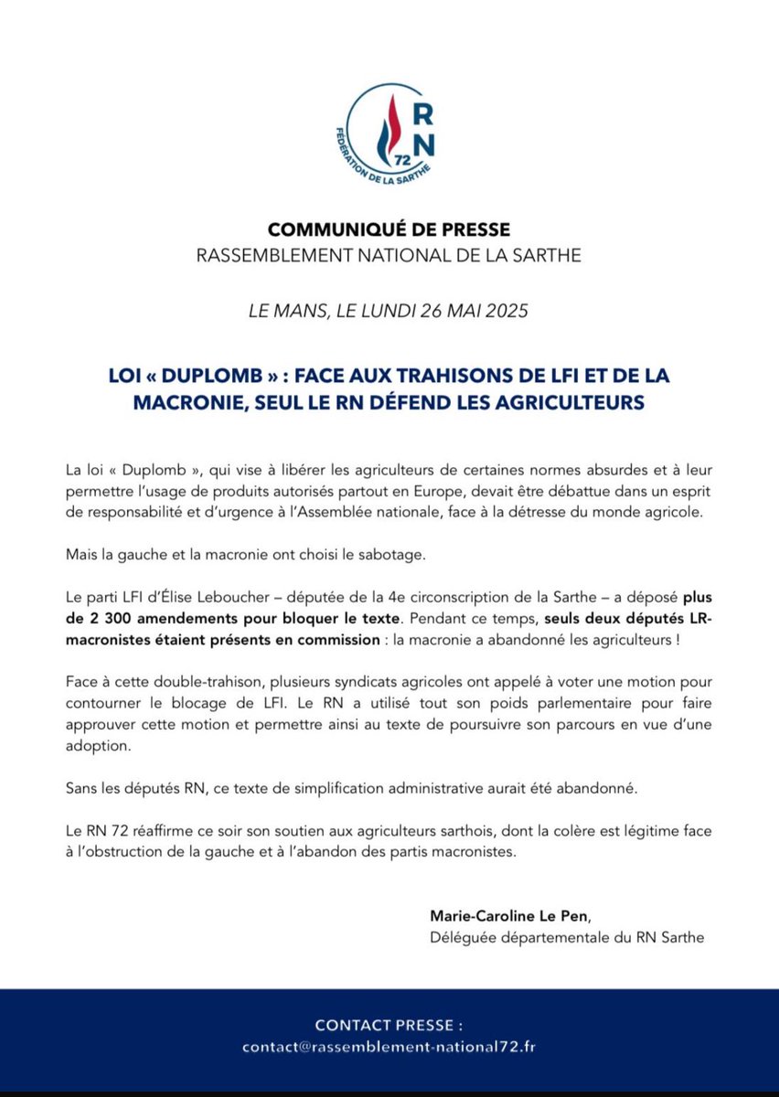RN Sarthe (@rnsarthe72) on Twitter photo 🔵 Face au sabotage de LFI et à l’abandon de la macronie, seul le #RN s'est battu pour sauver la loi Duplomb et ainsi défendre nos agriculteurs !
Le communiqué de presse de <a href="/MCarolineLePen/">Marie Caroline Le Pen</a> ⤵️
<a href="/groupeRN_off/">Groupe Rassemblement National</a> #RN72 🔵 Face au sabotage de LFI et à l’abandon de la macronie, seul le #RN s'est battu pour sauver la loi Duplomb et ainsi défendre nos agriculteurs !
Le communiqué de presse de <a href="/MCarolineLePen/">Marie Caroline Le Pen</a> ⤵️
<a href="/groupeRN_off/">Groupe Rassemblement National</a> #RN72