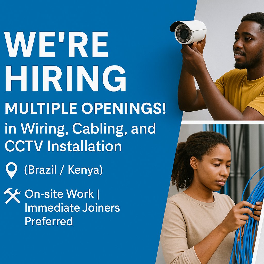FeonixIt's tweet photo. We're Hiring! Feonix IT Solutions is seeking skilled pros in Wiring, Cabling &amp; CCTV Installation for on-site roles in Brazil 🇧🇷 &amp; Kenya 🇰🇪.

1) Hands-on with camera systems?
2) Join our global tech team.

Apply now

#TechJobs #CCTV #Hiring #Brazil #Kenya https://t.co/HuXKNkqFLa