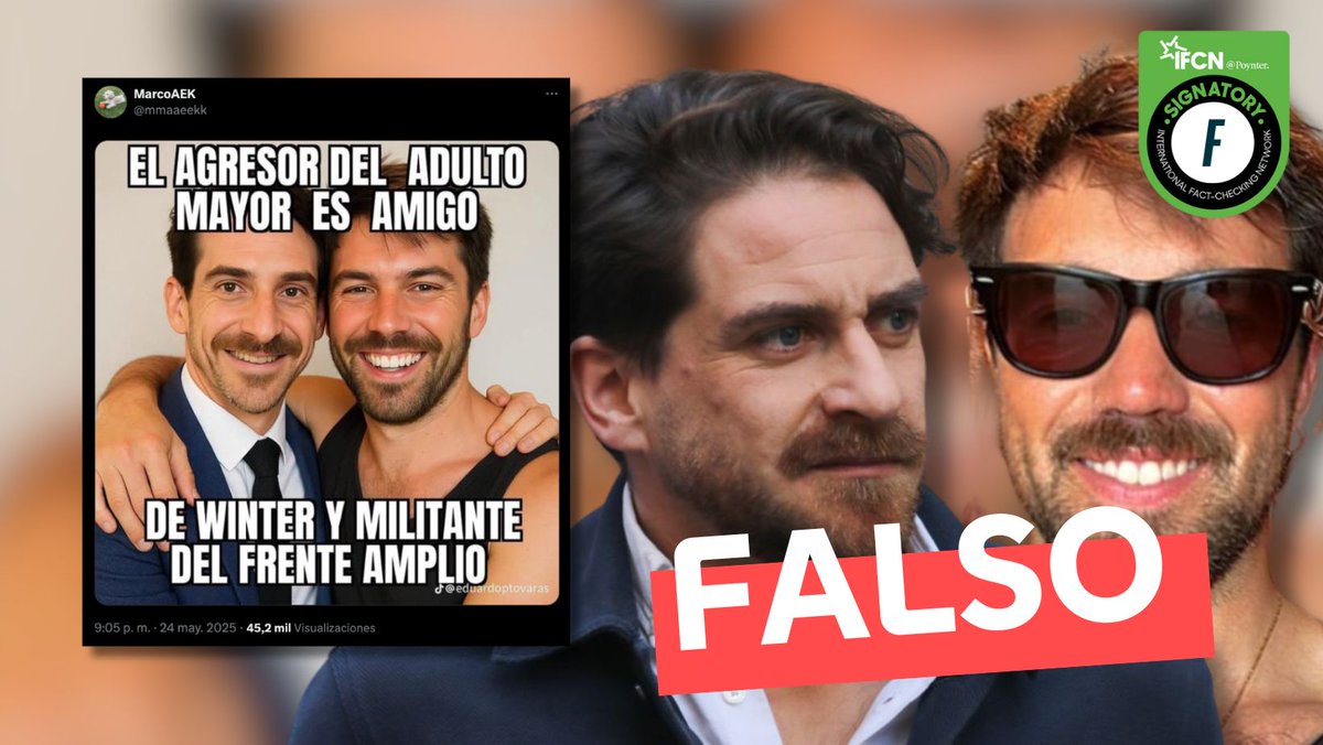fastcheckcl's tweet photo. 🔎 #FactChecking | En X se está viralizando una publicación que muestra al precandidato presidencial del Frente Amplio, Gonzalo Winter, junto a Martín de Los Santos Lehmann, el hombre que agredió a un conserje de 70 años en Vitacura.
Sin embargo, esta imagen es ❌ #Falsa. A través de herramientas de detección de inteligencia artificial, se comprobó que fue generada artificialmente.
La publicación afirma, además, que De los Santos también sería militante del Frente Amplio y amigo del diputado. Descubre lo que nos dijo el comando del precandidato en nuestra nota 👇
https://t.co/mKugJVGqhy
#FakeNews #Desinformación #IA #GonzaloWinter #FrenteAmplio #ChequeoDeDatos #FastCheckCL #NoticiasChile #PolíticaChile #ImagenFalsa #RedesSociales