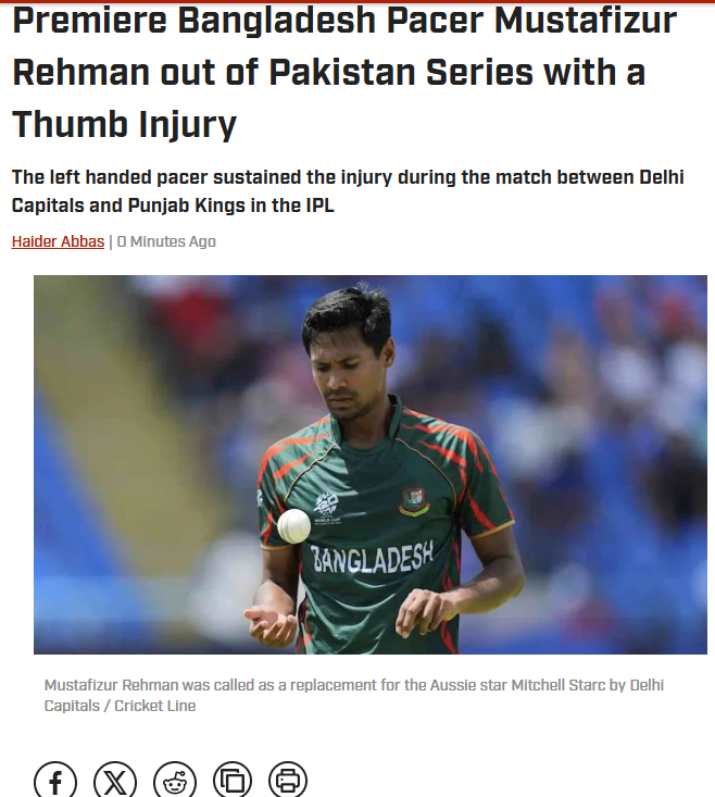 CricketPulseUSA's tweet photo. Bangladesh Cricket Star Mustafizur Rahman Ruled Out of Pakistan Series with Thumb Injury

For further details, read the full article here: https://t.co/Qwpv3httvI

#Mustafizur #Bangladesh #Injury #Pakistan #IPL #cricketpulseusa https://t.co/fHtZUqGC7d
